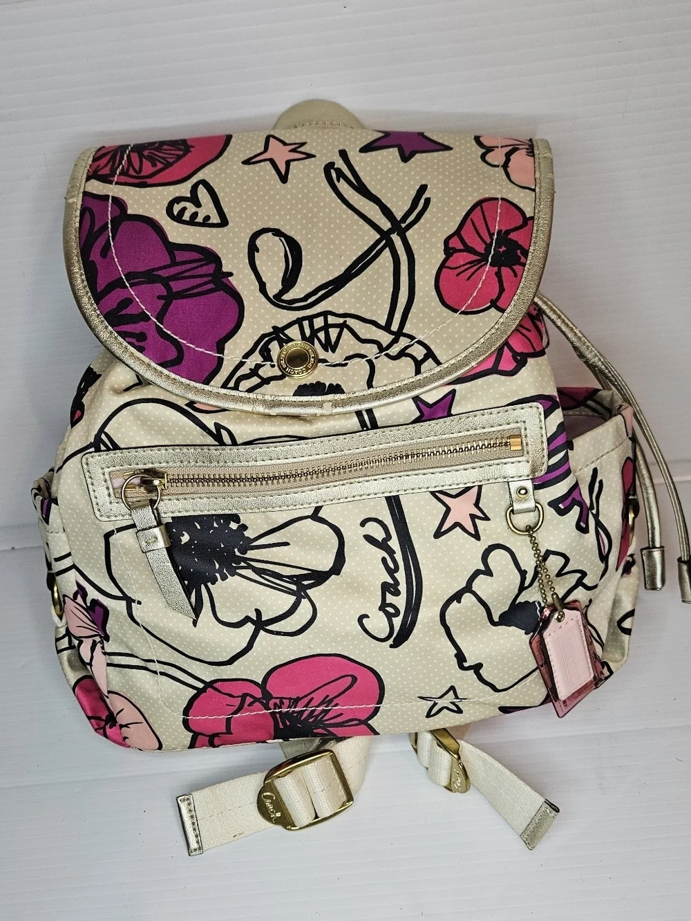 COACH Kyra Floral Poppy Print Backpack Pink White Purple Gold Tone Bag